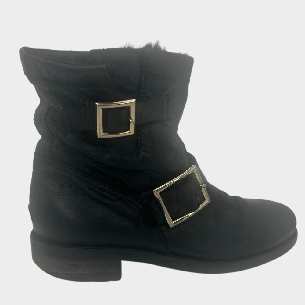 Jimmy Choo Black Winter Moto Boots with‎ Gold Buckles Fur Lined Women’s Size 5
